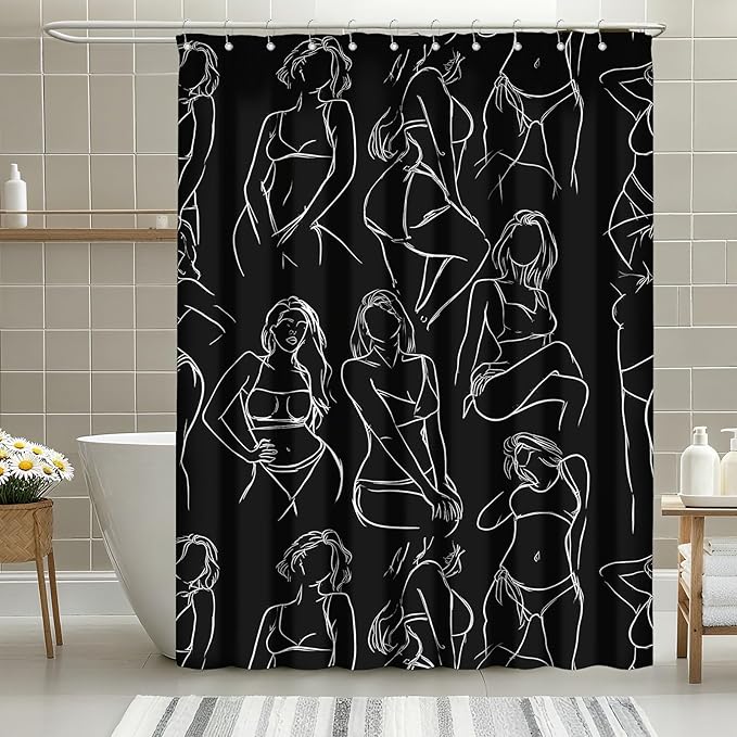 mutakin Black and White Abstract Shower Curtain Women Minimalist Line Art Shower Curtains for Bathroom Waterproof Fabric Bath Curtain Decor with Hooks