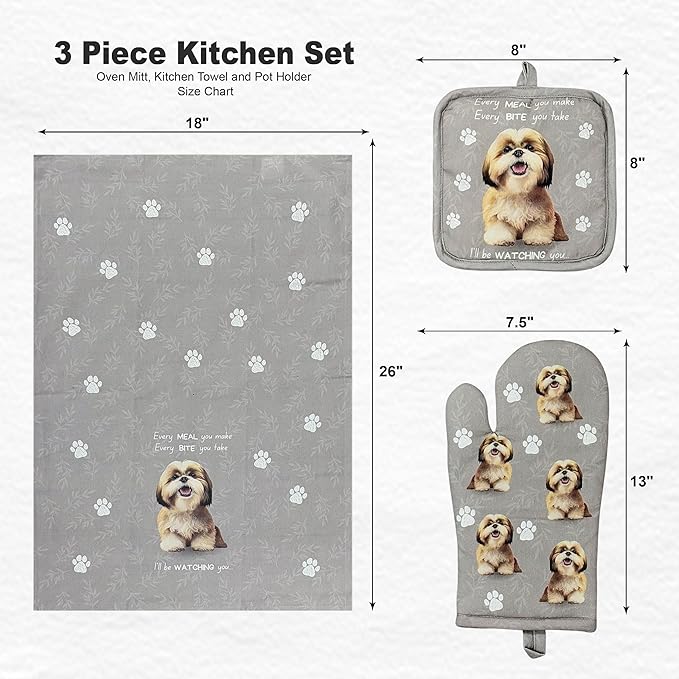 Shih Tzu 3-Piece Kitchen Set -Oven Mitt, Pot Holder & Kitchen Towel Set, Heat Resistant up to 420 F, Soft Quilted Cotton for Cooking, Baking, BBQ, Pet Lover Gifts (Shih Tzu Tan)