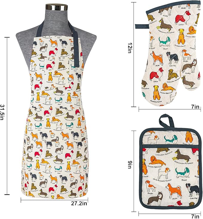 Oven Mitts and Pot Holders with Chef Apron,Set of 5 Heat Resistant Kitchen Gloves and Silicone Non-Slip Potholders Adjustable Neck Buckle Chef Apron, Cotton Nice Design for Cooking (Dog)