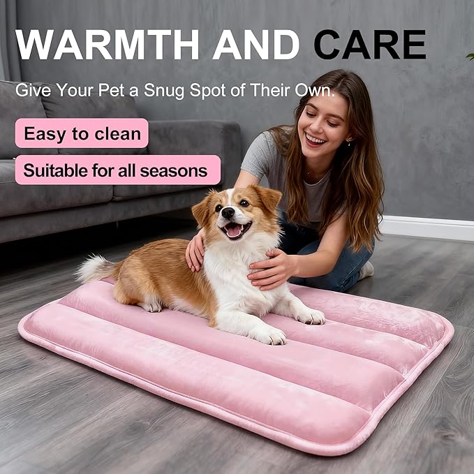 Fogkiss Dog Bed Mat, Reversible Dog Crate Pad with Washable Kennel Mat and Soft Foam, Flat Pet Bed for Dogs & Cats, for Crates Carriers & Travel (Pink, 28" L*16" W*1.5" Th)