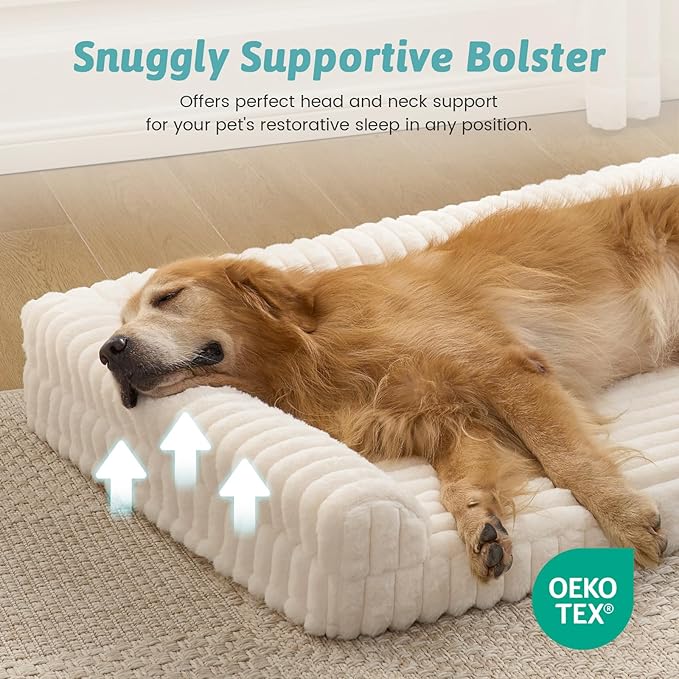 COZY KISS Cute Dog Bed, Faux Rabbit Fur Orthopedic Foam Dog Bed with Sides, Removable Washable Cover & Waterproof Lining, Comfortable Pet Couch for Extra Large Dogs, Cream (48" L x 35" W x 7.5" Th)