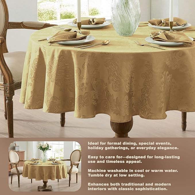 Newbridge Barcelona Damask Fabric Tablecloth, 70 Inch Round, Gold – No Iron, Soil Resistant Table Cover for Dining, Parties and Holidays
