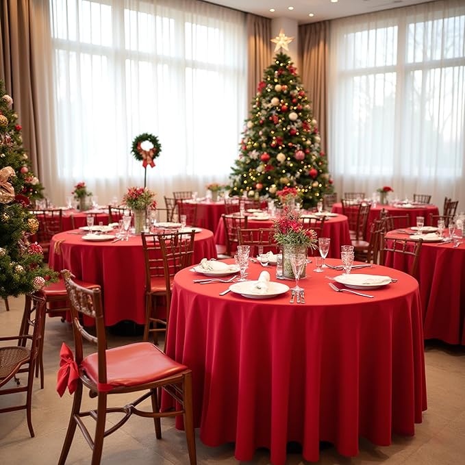 sancua Christmas Red Round Tablecloth 132 Inch Diameter, 6 Pack - Circle Polyester Fabric Table Cloth for Wedding Party Reception Banquet Birthday, Washable Formal Table Cover (Fit 54-96 Inch Tables)