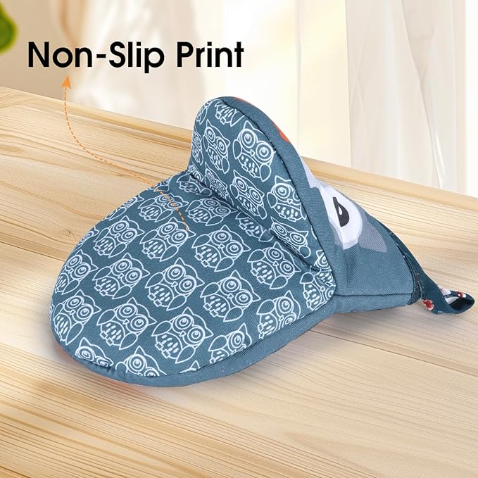 Mini Oven Mitts Cute,Silicone Oven Mitts Heat Resistant 500℉ with Non-Slip Grip and Soft Quilted Cotton Lining for Kitchen Cooking and Baking. Machine Washable-Owls Blue