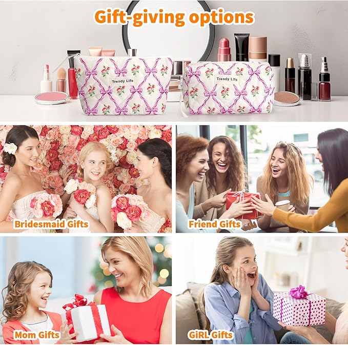 HAOGUAGUA 2 Pieces Makeup Bag, Small Large Quilted Cosmetic Bag, Travel Floral Make Up Toiletry Organizer Bag for Women Girls (2PCS STYLE A-4)