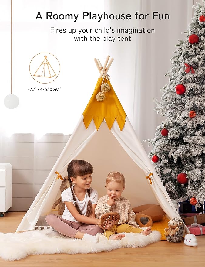besrey Teepee Tent for Kids with Light & Mat, Toddler Tents Indoor Play Tent Playhouse, Toddler Tipi Cotton, tee Pee Tents for Kids Indoor, Boys & Girls Teepee (Yellow, Padded mat)