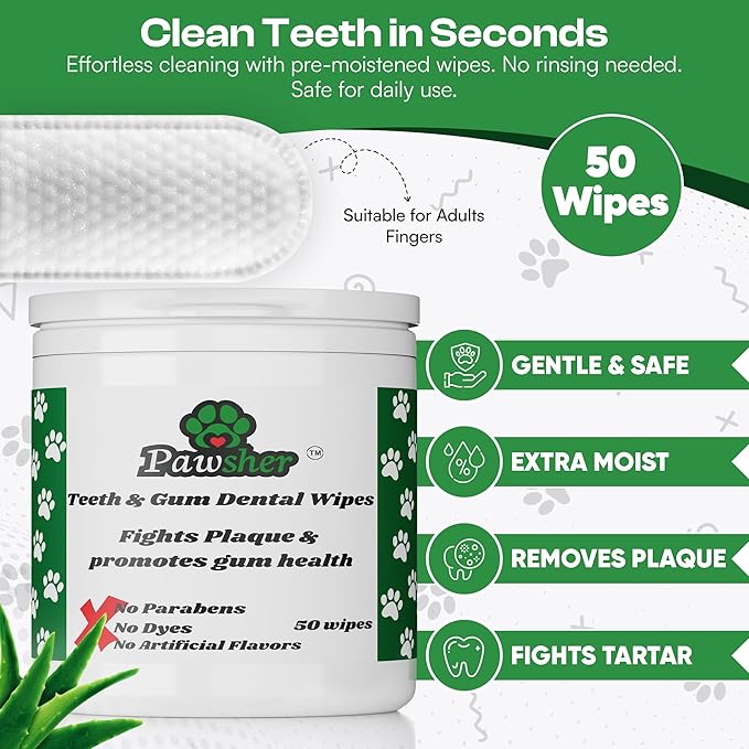 Pawsher Dog Teeth Cleaning Wipes - Natural Coconut Oil & Aloe - Dental Wipes for Dogs - No-Rinse Pet Dental Finger Wipes - 50 Count