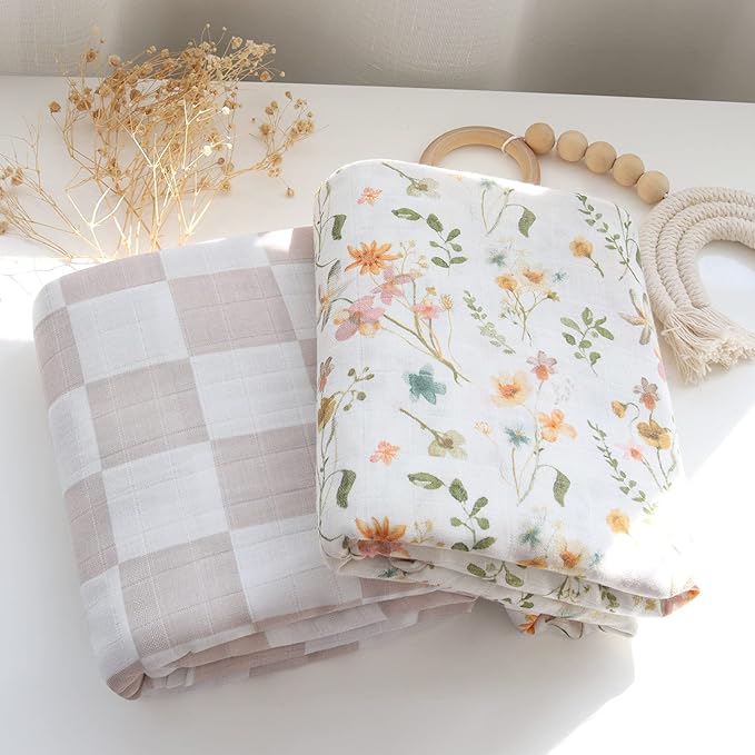 LifeTree Baby Muslin Swaddle Blankets for Boys & Girls, Newborn Swaddle Set with Matching Headband Bow, Infant Blanket Wrap, 47 x 47 inches, Floral Motif, 70% Viscose Bamboo and 30% Cotton