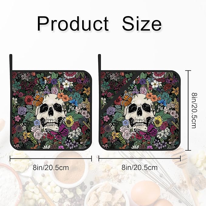 Pot Holder Set of 2,Gothic Skull Flowers Kitchen Heat Resistant Potholder for BBQ Cooking Baking,Food Hot Pat for Women Men Kitchen Wear