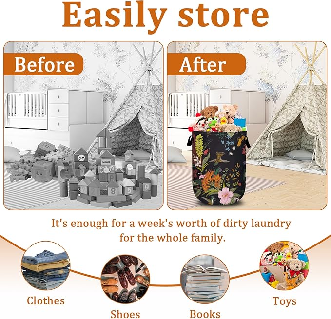 Vintage Flower Bird Laundry Basket with Sturdy Handles, Retro Floral Collapsible Oxford Cloth Laundry Hamper Organizer Basket for Bathroom Bedroom 15.7x20 Inch