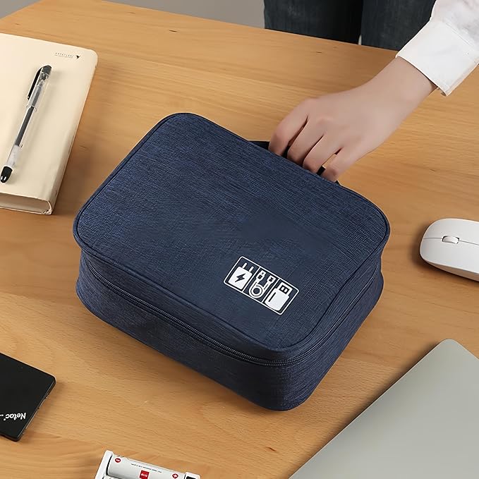 3-Wfinfing Single-layered Electronic Accessory Storage Tote | Data Cable Organizer | 3 Leather Straps + Adjustable Organizer Layers | Waterproof Travel Electronics Bag (Navy blue single)