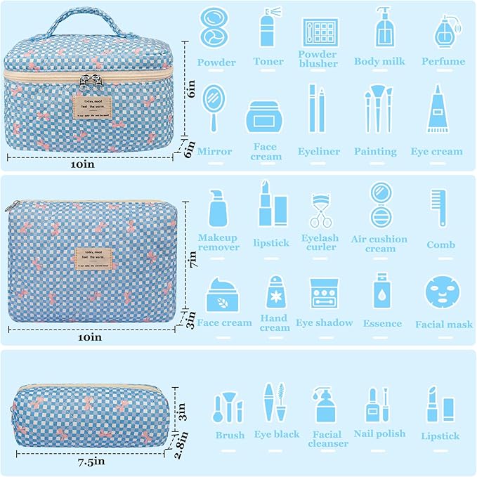 Gosect 3PC Makeup Bag Set, Cute Cosmetic Bag for Women Girls, Floral Coquette Aesthetic Toiletry Bag, Travel Make Up Organizer Bag（Blue Check）