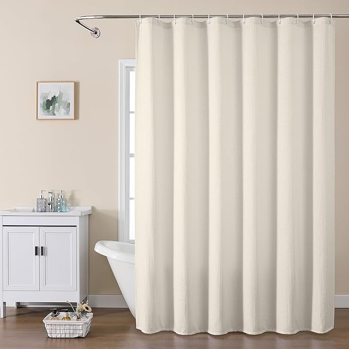 OVZME Extra Long Shower Curtain Set- 96 Inch Long Waffle Weave Heavy Duty Fabric Shower Curtains for Bathroom, Luxury Heavy Duty Thick Cloth Shower Curtain with 12 Plastic Hooks, 72x96, Cream