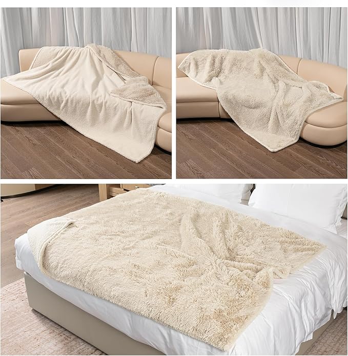 Maidewow Faux Fur Waterproof Calming Dog Blanket Fluffy Sherpa Pets Blanket for Couch Covers Double-Sided Reversible Cats Bed Cover for Pet(Cream,S-40x28in)