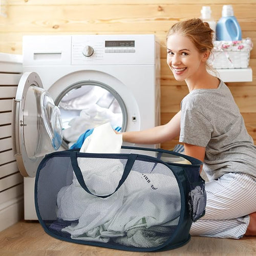 2 Pcs Durable Collapsible Laundry Baskets - Reinforced Mesh Pop Up Laundry Hamper with Pocket, Foldable Dirty Clothes Hamper with Carry Handles for Laundry, Bathroom, Kids Room, Dorm or Travel Navy