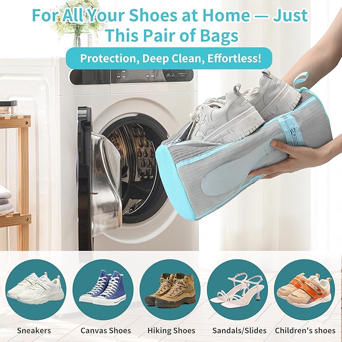Shoe Washing Machine Bag: 2 pcs Shoe Bag for Washing Machine and dryer - Durable Zipper - 360° Deep Clean - Reusable laundry Bag for Sneaker/Slippers/Tennis/Runing Shoes & Insole(Grey)
