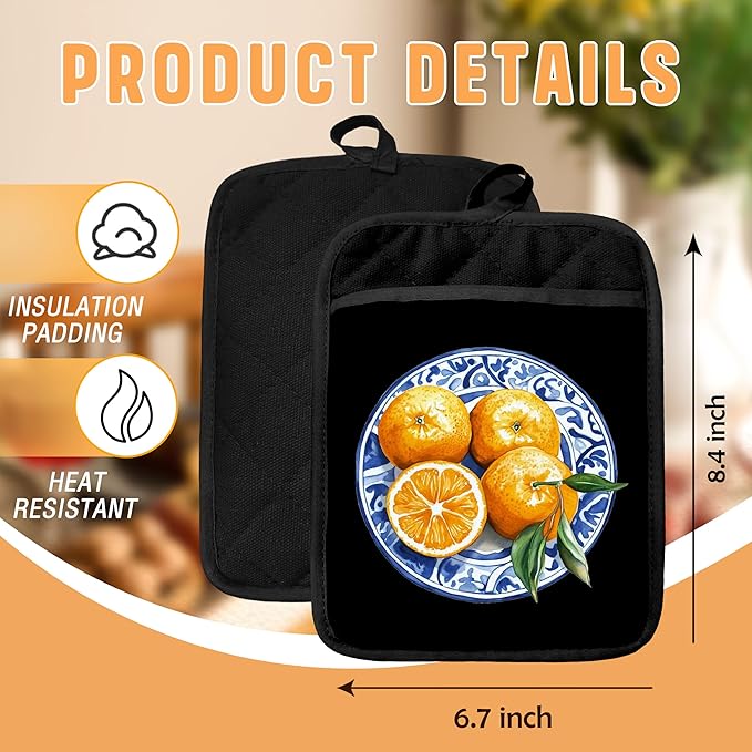 Chinoiserie Orange Fruit Pot Holders with Pockets, Blue and White Grandmillennial Oranges Fruit Oven Pot Holders Heat Resistant Oven Mitts Hot Pads for Kitchen Baking Cooking