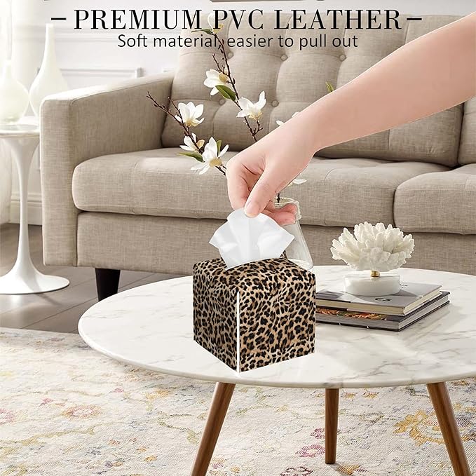 POIUBLE Leather Tissue Box Holder Leopard Print Tissue Box Cover Square Waterproof Tissue Holder Organizer Modern Napkin Holder for Bedroom Dresser Night Stand Office Desk