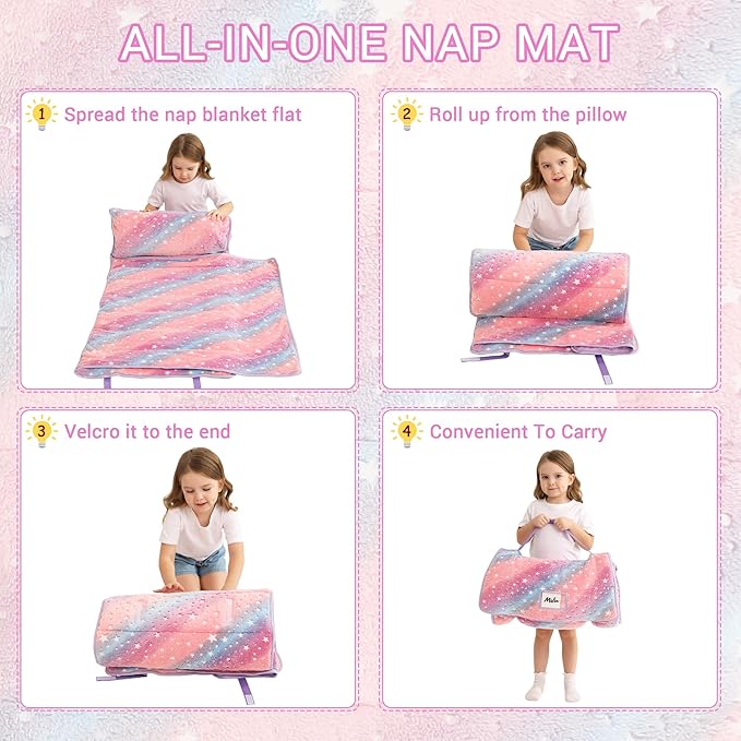 Lasoftan Toddler Nap Mat with Pillow and Blanket, Extra Large Rolled Napping Mats,Slumber Bags for Boys Girls,Kids Sleeping Bag for Daycare, Preschool Travel Camping