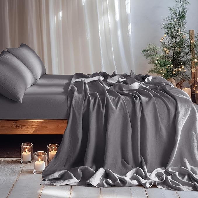 LBRO2M 100% Linen Sheet Set 24" Deep Pocket California King Size,Bed Sheets 4 Piece Sets,Solid Color Natural Flax Bed Sheets Soft Breathable Bedding,All Season (Clifornia King, Dark Grey)