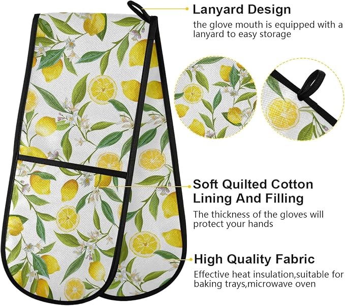 Long Double Oven Mitt for Baking Heat Resistant Quilted Double Oven Glove (Lemon)