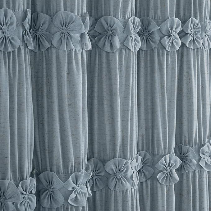 XOGUIBO Ruffle Shower Curtain with Handmade Bow Tie, Blue Linen Vintage Farmhouse Shower Curtain for Bathroom, 72" W x 72" H