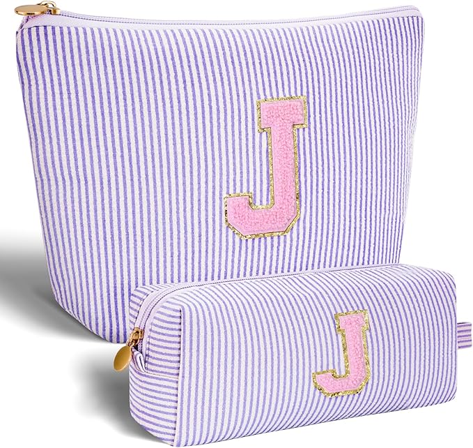 Btffitting Monogrammed Gifts for Women - Cosmetic Bag for Teen,Initial Cute Makeup Bag Set for Women,Trendy Pouch for Niece Sister Friend Female Her,Birthday Gifts for Daughter - Lavender,J