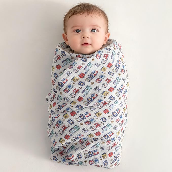 NTBAY 4 Layer Muslin Cotton Toddler Blanket, 30x40 Soft and Breathable Receiving for Newborns and Infants, Perfect for Crib, Stroller, Travel, Lightweight Nursery Blanket, Cartoon Train