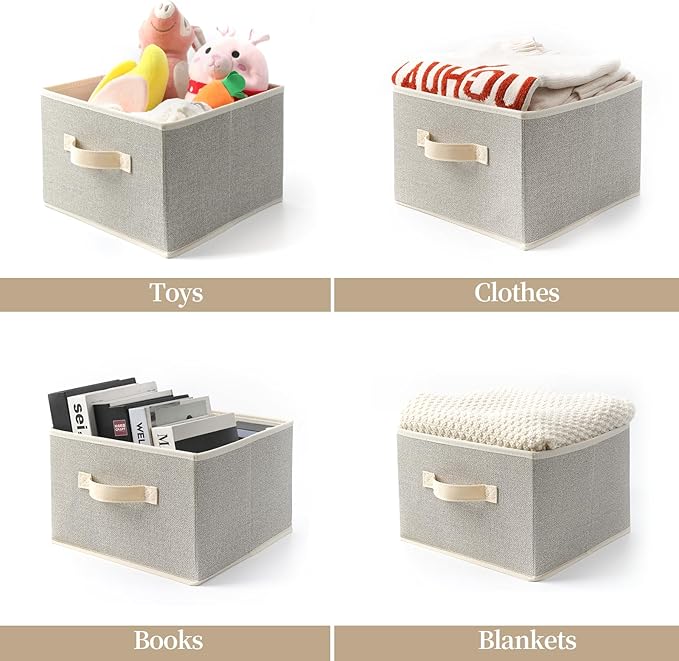 EITMOW Storage Baskets, 11-Inch Woven Fabric Bins, Storage Cubes with Reinforced Handles, Organizer Bins for Closet Shelves, Foldable, for Toys, Clothes, Natural Beige (4PCS/Beige-11*11*7.8inch)