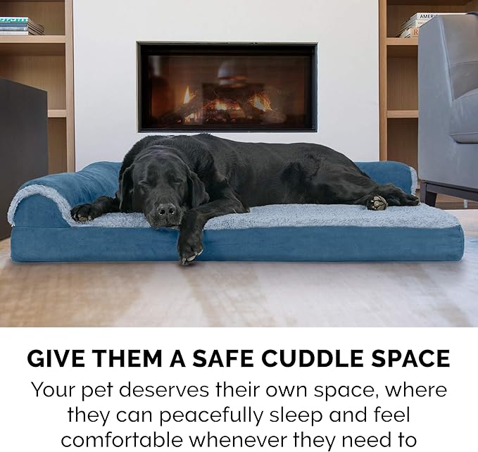 FurHaven Orthopedic Dog Bed for Large Dogs, L-Shaped Chaise Sofa with Orthopedic Egg Crate with a Solid Orthopedic Foam Base for Joint Support, Washable Cover, Jumbo XL, Faux Fur & Suede, Marine Blue