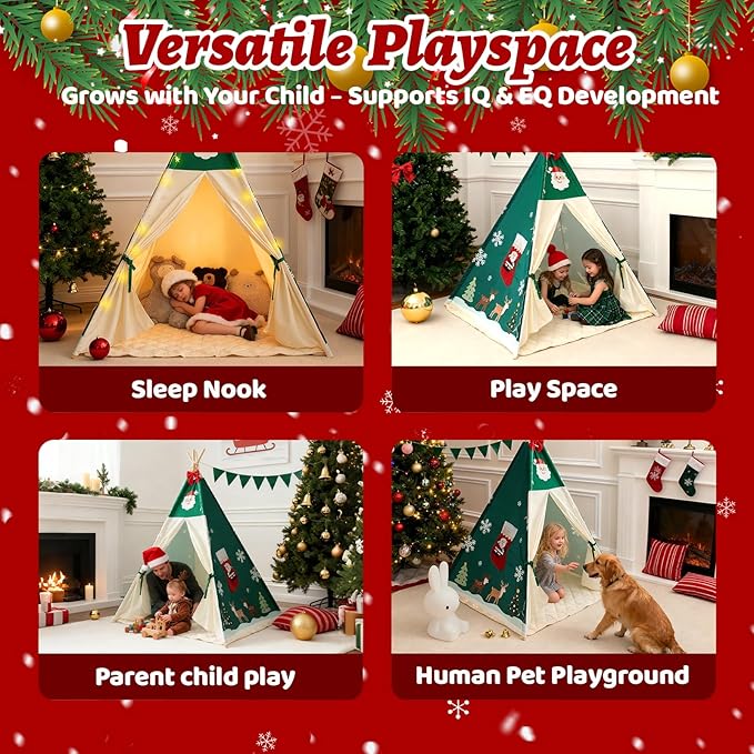 Duwenem Teepee Tent for Kids, Play Tent with Padded Mat & Star Lights, Indoor Play Tent for Girls & Boys (Christmas Teepee, 47 * 47 * 60in)