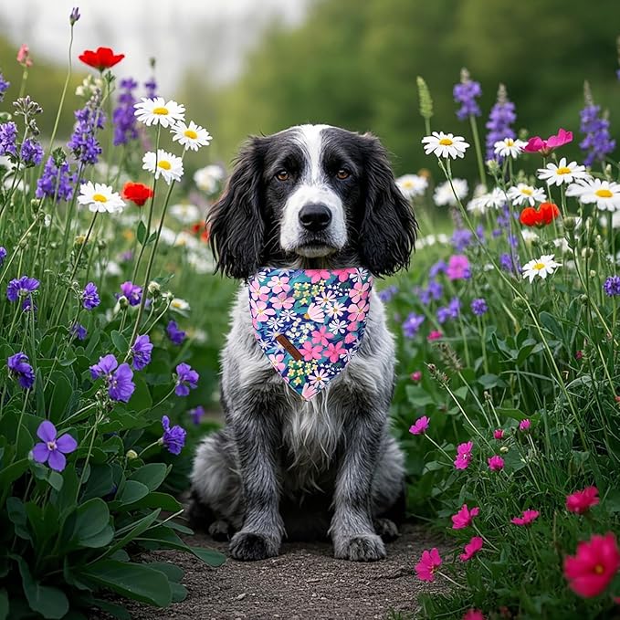 Lionet Paws Summer Floral 2pcs Dog Bandanas, Pink Daisy Dog Scarf Bib Premium Fabric, Blue Blossoms Bandanas for Small Medium Dogs Pets