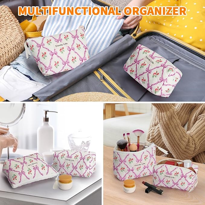 HAOGUAGUA 2 Pieces Makeup Bag, Small Large Quilted Cosmetic Bag, Travel Floral Make Up Toiletry Organizer Bag for Women Girls (2PCS STYLE A-4)