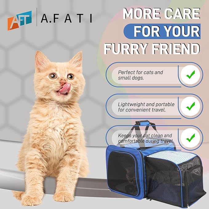 Cat Carrier with Litter Box, Expandable Cat Travel Carrier for Car with Bowl, Collapsible Pet Carrier for Car Travel with Lockable Zippers, Soft Sided Pet Carrier for Cats/Puppies up to 20 lbs, Blue
