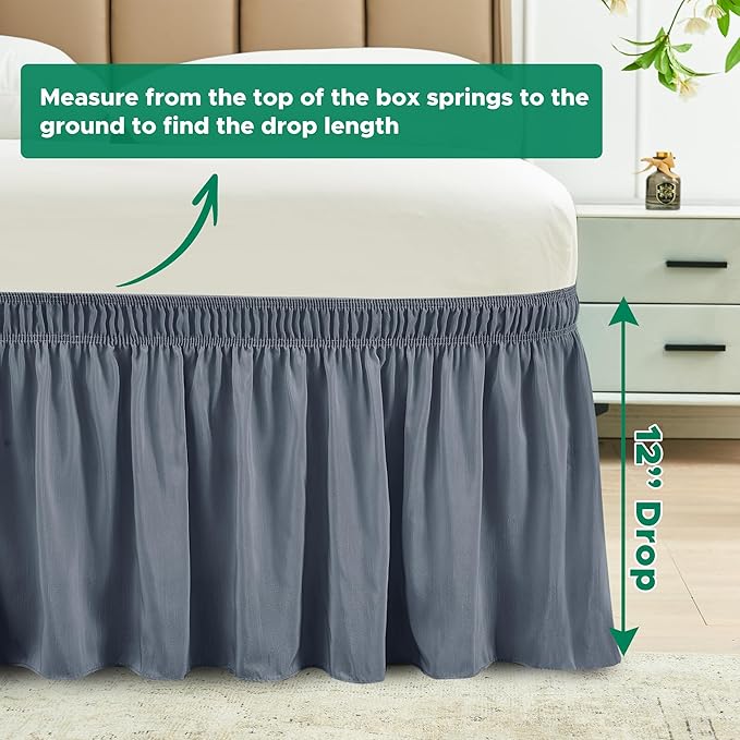Biscaynebay Wrap Around Bed Skirts for King & Cal King Beds Short Drop of 12", Dark Grey Adjustable Elastic Dust Ruffles Easy Fit Wrinkle Resistant Silky Luxurious Fabric Machine Washable