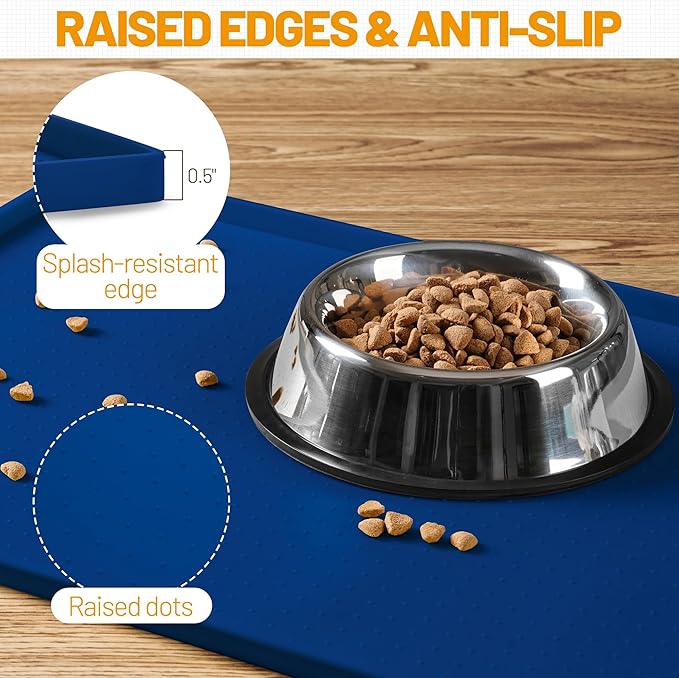 Hubulk Dog Feeding Mat,100% Waterproof Food Grade Silicone Pet Food and Water Bowl Placemat,Dishwasher, High Raised Edge to Prevent Spills,Nonslip Tray to Stop Messes on Floor (19"x12"x0.5", Navy)