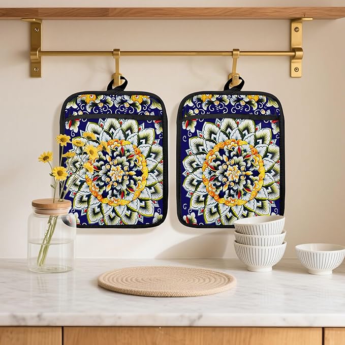 Navy Blue Boho Mandala Floral Pot Holders 2 Pack Set, Vintage Hinduism Spiritual Folk Lotus Flower Mandala Heat Resistant Oven Hot Pads for Kitchen Countertop Baking，065 Potholder