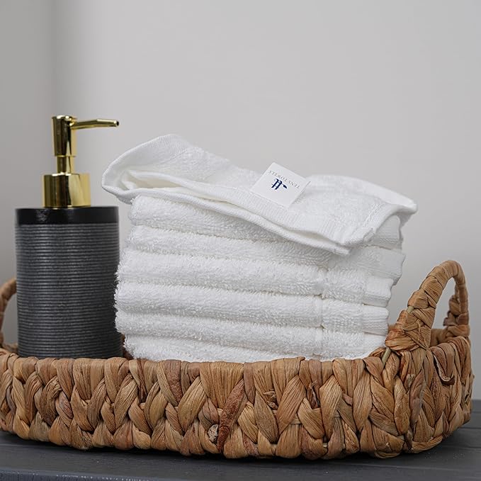 Tens Towels Pack of 24 Washcloths, 12 x 12 Inches, Lighter Weight, Quick to Dry, Super Soft & Absorbent, Gentle Face Towels, Hotel Quality, Perfect for Bathroom, Gym, Spa (White, 24 Pack)