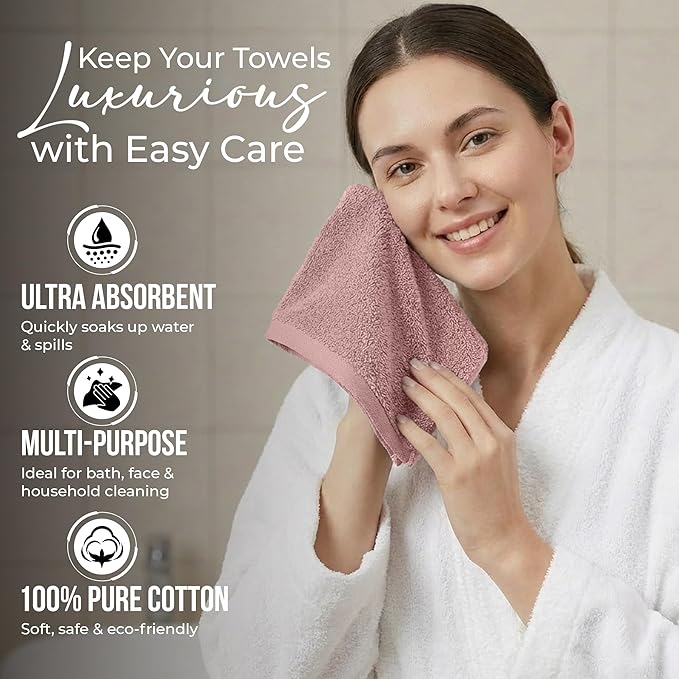 RIVERSIDE 24 Pack Washcloths Set - 100% Cotton [12x12 Inches] - 500 GSM, Soft, Quick-Dry & Highly Absorbent Face Towels - Perfect for Bathroom, Gym, Hotel, Spa & Travel - Dusty Rose