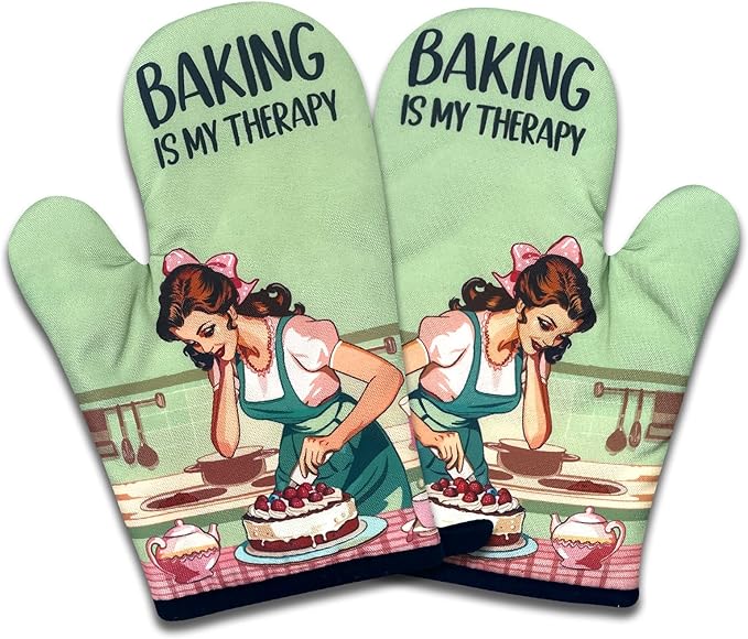 2 Pack Funny Baking Oven Mitts for Women, Baking is My Therapy, Retro Housewife Heat Resistant Mitts, Birthday Gifts for Bake Lovers, Sweet Housewarming Gifts for Hostess Mom Wife Friend