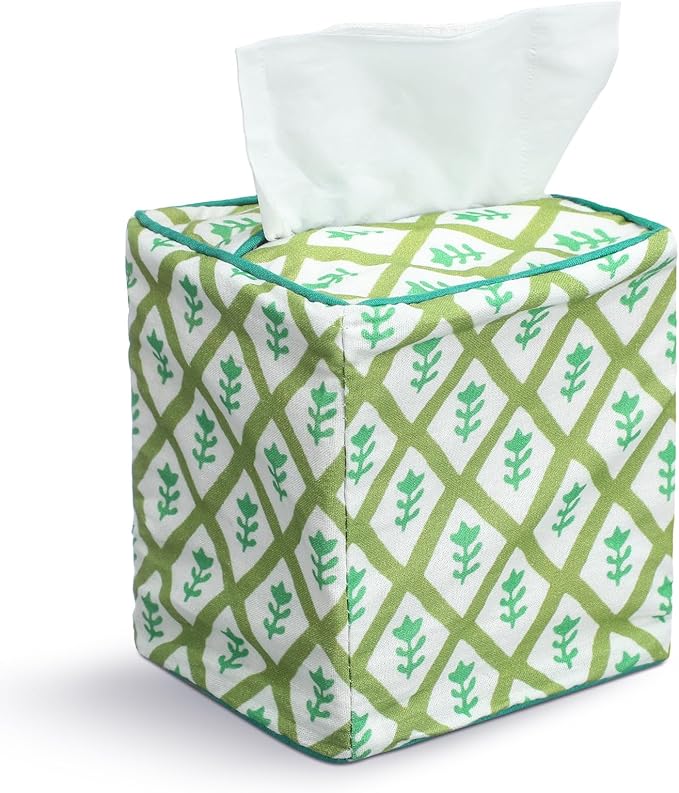 Mimorou Green Color Print Tissue Cover - Floral Print Tissue Box & Decorative Square Napkin Holder Handmade Cotton for Home Bedroom Vanity Countertop Night Stands Office