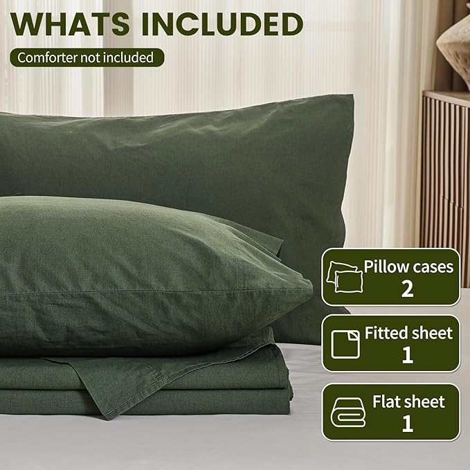 100% Linen Sheets Queen Size,Breathable & Durable 4-Piece Bed Flax Sheet Set,Soft All-Season Bedding for Hot Sleepers 16" Deep Pocket Oeko-TEX Certified,（Queen, Forest Green）