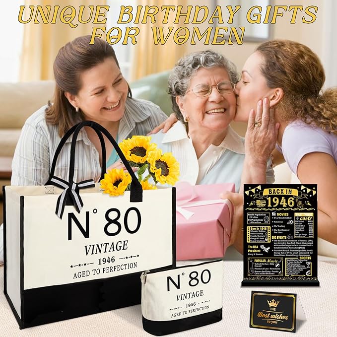 YeohJoy 80th Birthday Gifts for Women Canvas Tote Bag Travel Gear, Unique 80 Years Old Gifts for Wife Mom Sister Aunt Friends Her, Vintage N°80 Handbag & Cosmetic Bag & Back in 1946 Poster