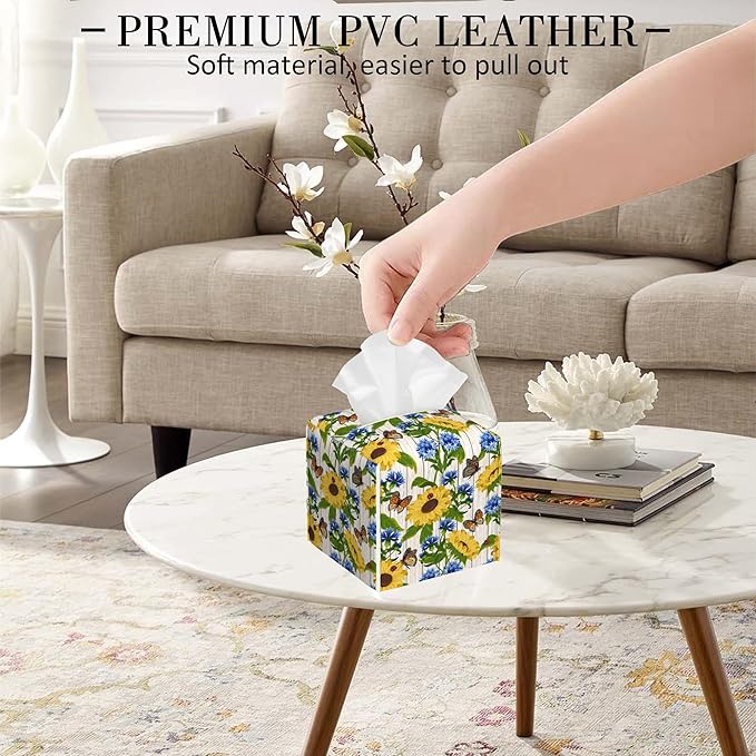 POIUBLE Cornflowers and Sunflowers Tissue Box Cover Butterfly and Ladybug Leather Tissue Box Holder Square Facial Paper Organizer Dispenser for Bathroom Kitchen Bedroom Vanity Countertop Night Stands