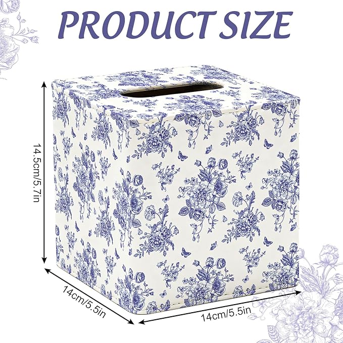 JarThenaAMCS Blue Floral Tissue Box Cover with Magnetic Closure PU Leather Tissue Holder Chinoiserie Flower Butterfly Square Napkin Box for Home Office Bedroom Countertop Decor