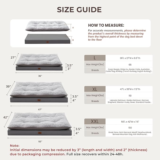 Warmrest 2-Pack Waterproof Dog Bed Large Size Dogs, Plush Cushion & Orthopedic Egg-Crate Foam Mattress for Senior Dogs, Washable Dog Crate Bed with Removable Cover, Dark Grey