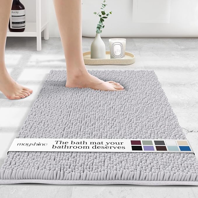 MAYSHINE Plush Shaggy Chenille Bath Mat | Extra Soft, Super Absorbent, Non-Slip Bathroom Rug | Fluffy Microfiber, Area Rug Sets for Bathroom Floor, Kitchen, Living Room | 23"x14" | White