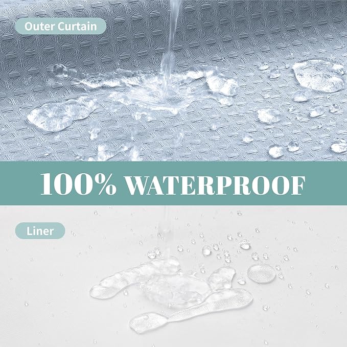 eachope FrostBlue No Hook Waffle Weave Shower Curtain with snap-in Liner Replacement, 230GSM Waterproof Fabric Hotel Shower Curtain Set for Bathroom, Through Mesh Top Window,71Wx74H