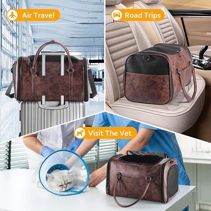 Johomviin Stylish Leather Pet Carrier for Small Dogs and Cats Up to 15 lbs, Airline Approved Lightweight Travel Tote with Breathable Mesh and Shoulder Strap Coffee