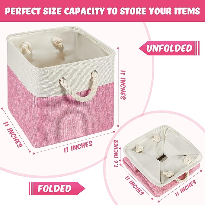 Geiserailie 6 Pcs 11 x 11 Inch Cube Storage Bins Fabric Storage Organizer Bins Foldable Cube Baskets with Sturdy Carry Handles Wicker Baskets for Home (Pink and White)